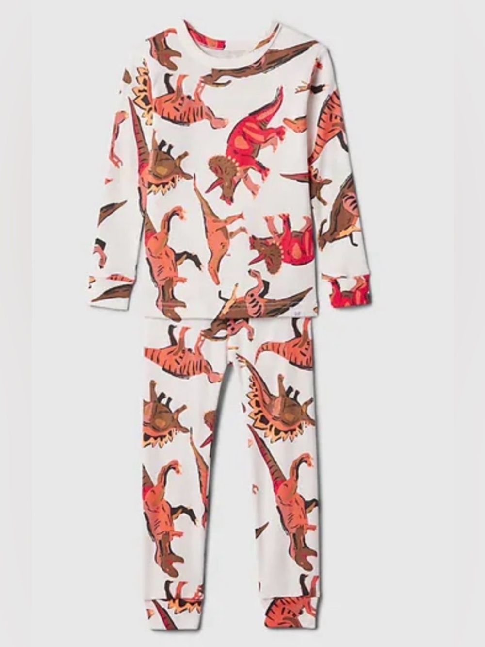 GAP White Pajama Set with Orange and Brown Dinosaur Print